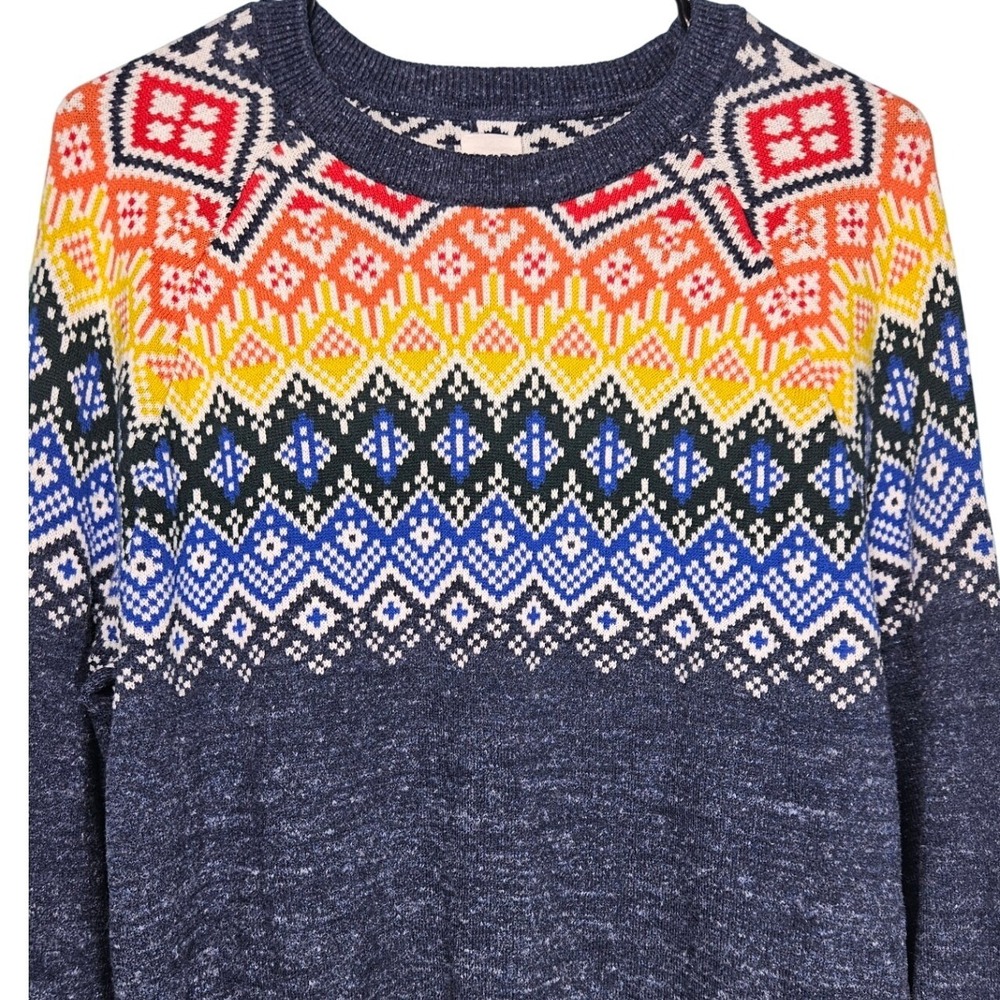 Gap Mens Navy Blue Rainbow Fair Isle Crewneck Cotton Blend Sweater L Nordic Ski